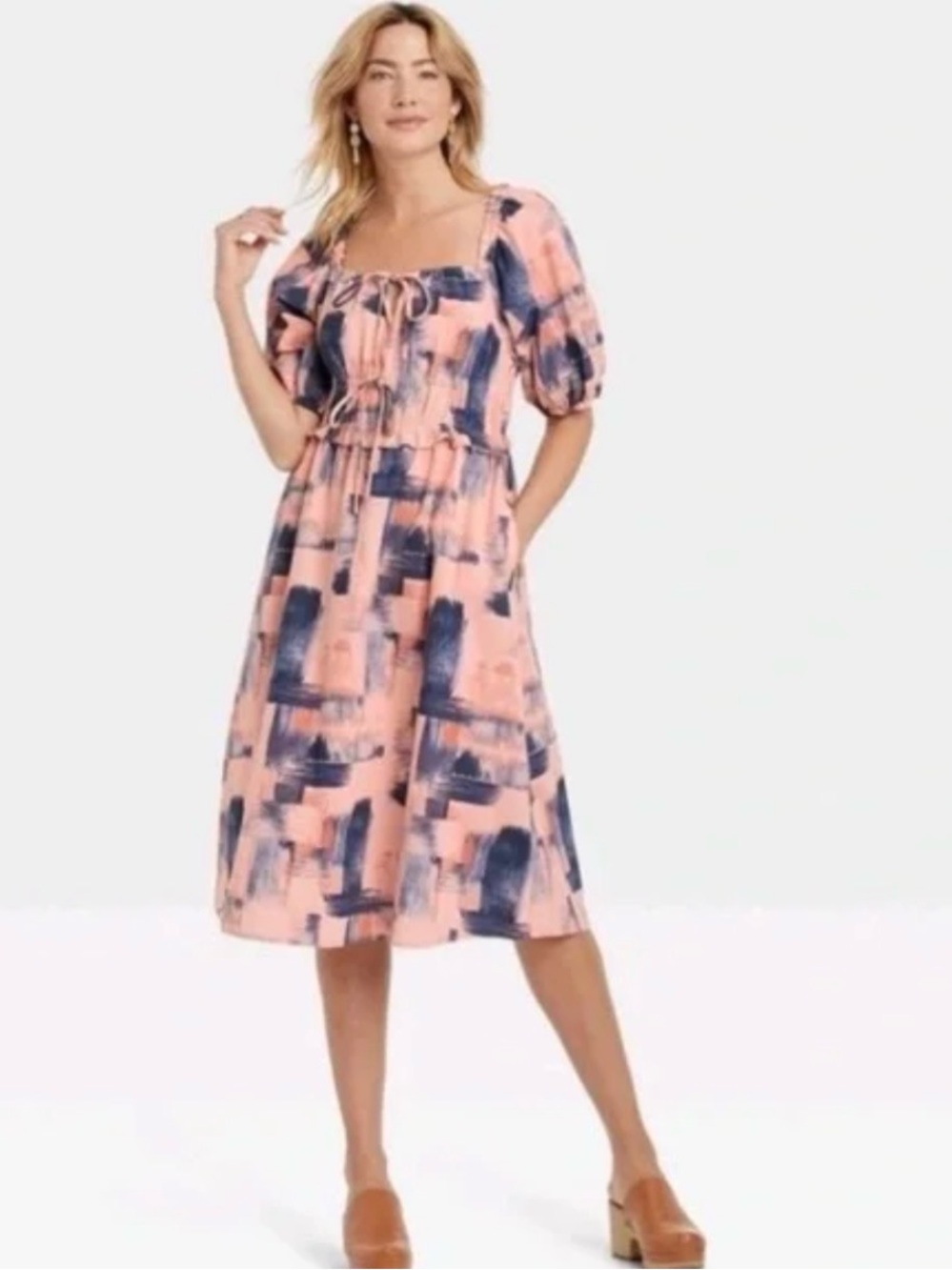 Universal Thread Milk Maid Puff Sleeve Midi Dress | Pink & Navy | Size Small